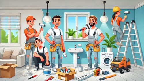 Handwerker die alle Gewerke für eine Renovierung zeigen.