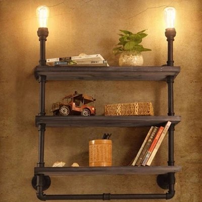 mensole +ripiani +legno +vintage +lampada +industriale +stile +urbano +loft +pub +tubi +raccordi +idraulici +Steampunk