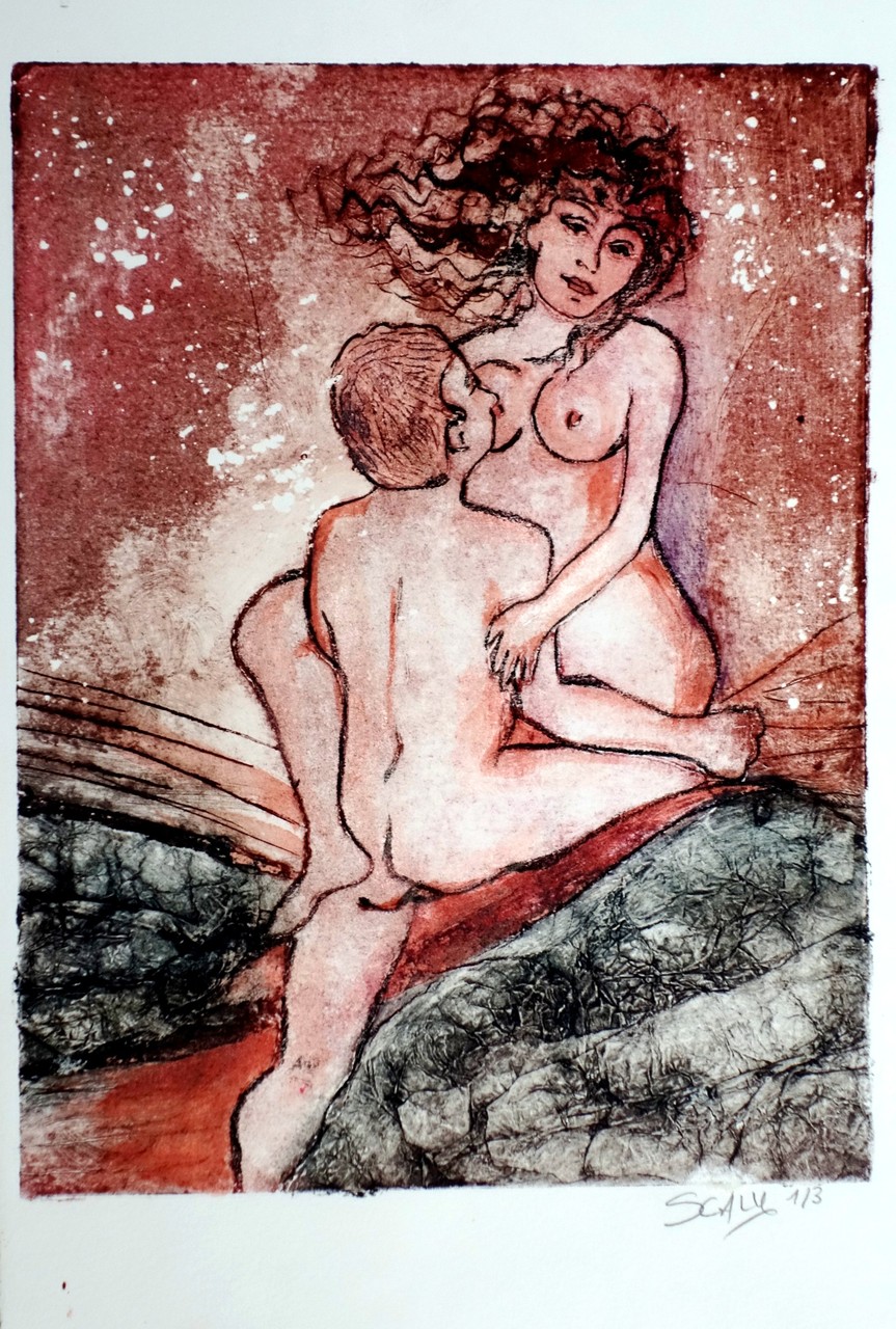 Love under the stars- 21/28 cm  - gravure sur carton.  disponible FOR SALE