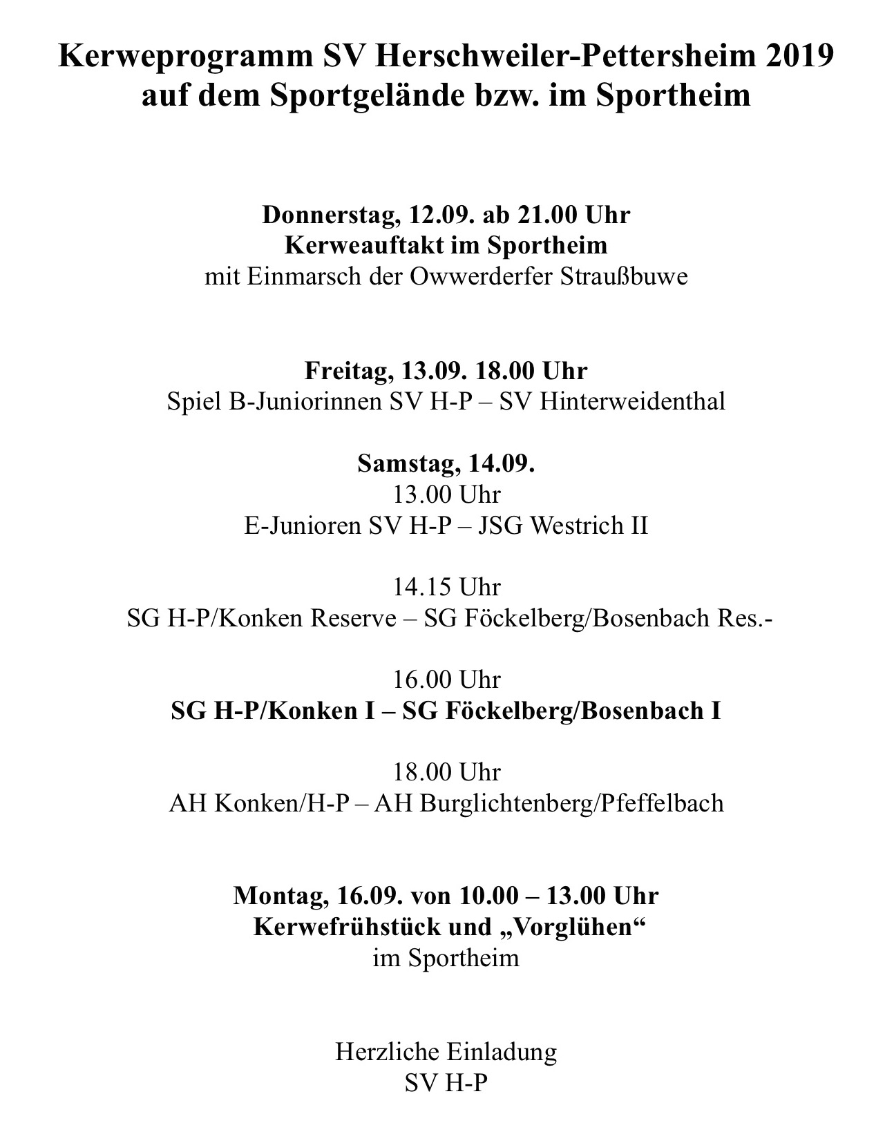 Kerweprogramm SV Herschweiler-Pettersheim 2019