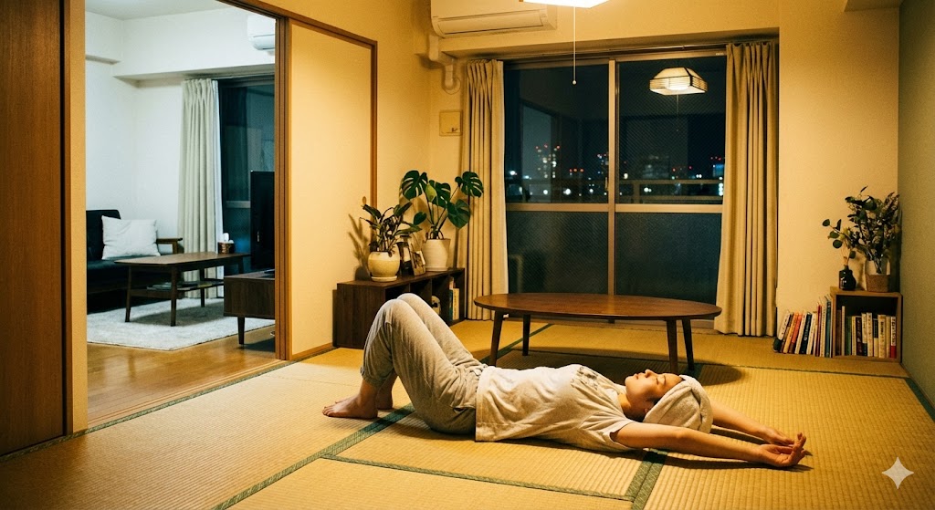柔らかな畳の上で、お風呂上がりにストレッチ。