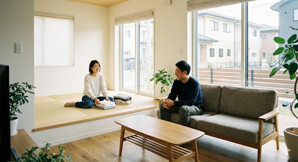 洋室と目線も合う畳の小上がりは、ちょっとした家事にも最適な場所