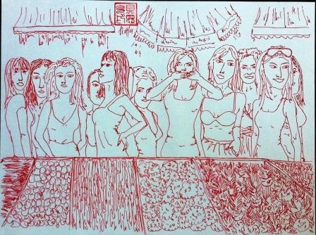 Freundinnen, 2011, rote Tinte auf Papier 40 x 30 