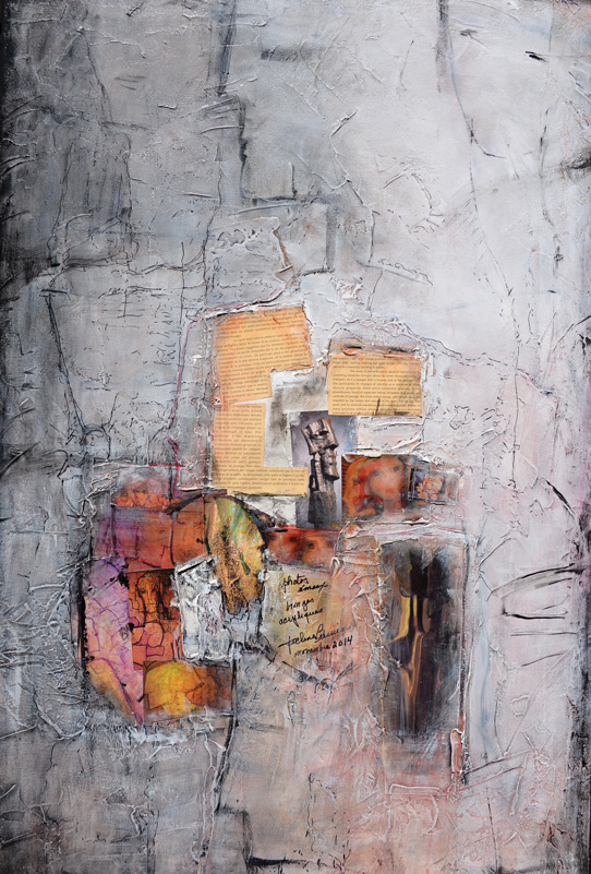 BRUITS SYSTOLIQUES, Acrylique et collage photos d’émaux 24 X 36 po. (61 X 92 cm)