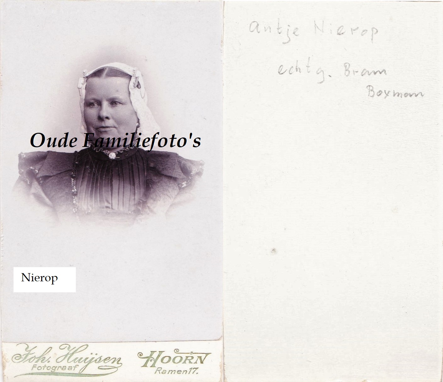 Nierop, Antje. Geb. 5-3-1850 Berkhout. Ovl. 29-9-1927 Berkhout. Getrouwd met Abram Boxman. € 3,00