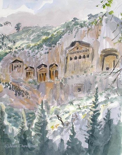 Dalyan, tombeaux lyciens, aquarelle Jean Chevallier