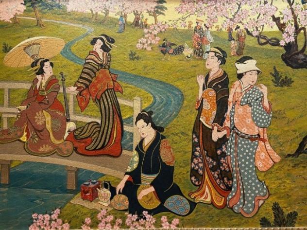 Painting of Japanese in garden during spring / 春の庭園に遊ぶ日本人の絵画