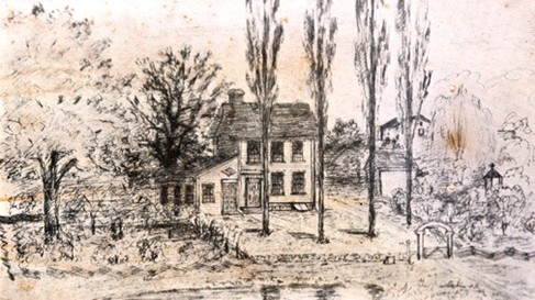 The colonial home (early 1700s) of Judge Freeman Perry in South Kingstown, RI, where the Judge was born as well as his son Christopher and his grandson Oliver. Sketch by the Rev. Gideon Babcock Perry /ロードアイランド州サウス・キングスタウンにあるフリーマン・ペリーの植民地時代の家。彼と長男・次男の生家