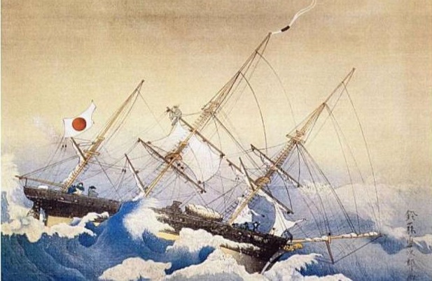 Kanrin Maru in rough Pacific Ocean storm. Painting-by-Suzufuji-Yujiro / 咸臨丸難航図。鈴藤勇次郎作