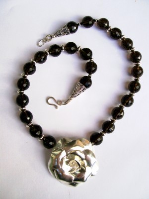 Smokey Quartz & Sterling Rose Necklace