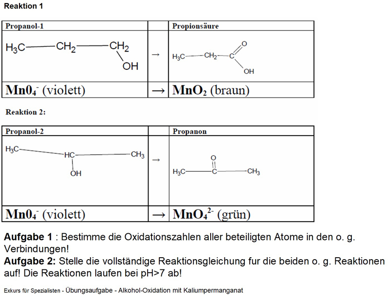 Übungsaufgabe Reaktion von Propanol1 und Propanol2 mit PermanganatIonen Chemiestunde bei