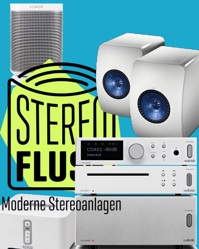 audiolab M-PWR, M-DAC, M-CDT mit KEF LS50 Lautsprechern und Sonos Connect und QED Kabeln und Steckern.