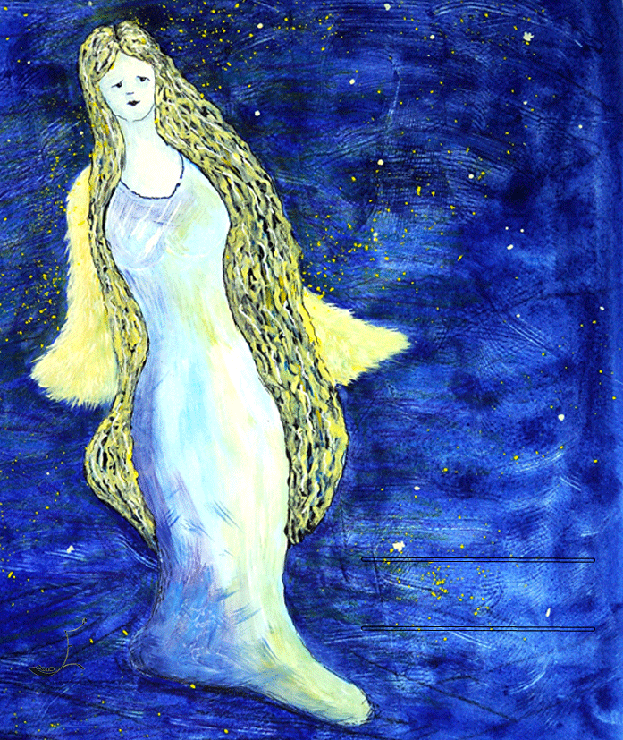 Namensschildchen für Geschenke, weihnachtliches Motiv, Engel in Weiß- und Gelbtönen vor blauem Hintergrund, Nachthimmel, Gouache