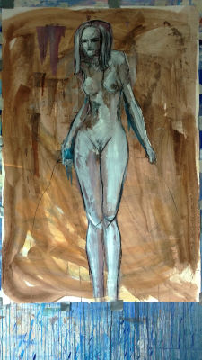 frauenakt stehend, acrylskizze, braun und weiß