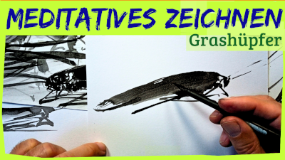Tuschezeichnung Grashüpfer, thumbnail, Link zum youtubevideo