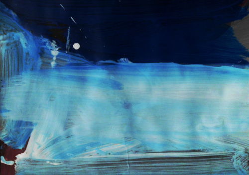 Wintermond, Papierbild, Kleinformatdunkelblau und hellblau