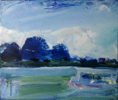 Landschaft am frühen Morgen, blaue Stunde, Ölbild, Kleinformat