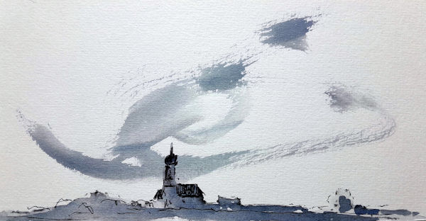 Zeichnen im Freien, kirche, tinte laviert