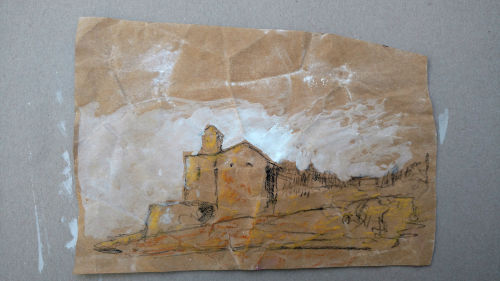 kreidezeichnung auf packpapier, tamarit, altafulla, spanien