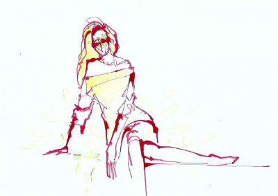 Tages-Zeichnung, Frau, sitzend, rote Tinte