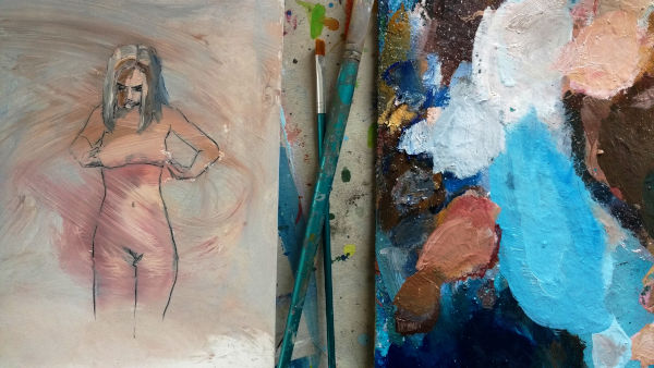 aktskizze mit palette und pinsel