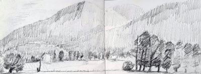 bleistiftzeichnung, landschaft bad heilbrunn