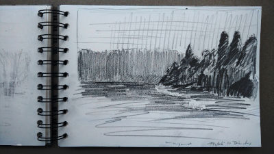 Bleistift Zeichnung, Papier, Landschaft, am Stausee bei Kaufering