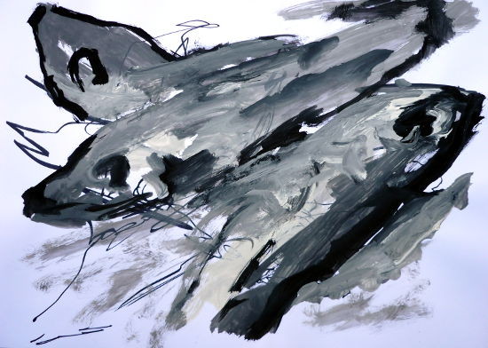 pescalitos 9, Gouache/Papier/Kreiden, der suppenfisch im plastikmeer