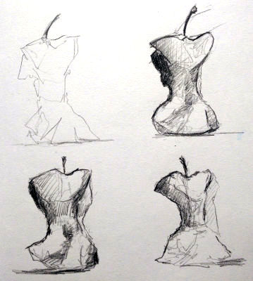 4 Bleistiftskizzen, studien, apfelrest in variationen