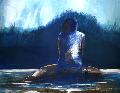 Dämmerstunde, junge frau sitzt am lech, Kiesstrand, acryl, holztafel