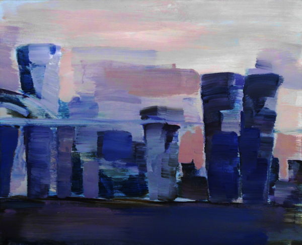 Säulen und Brücken, Acrylbild, blau, rotviolett