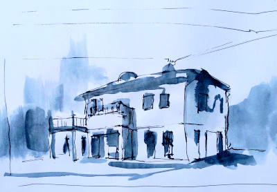 urbansketch, haus in bad heilbrunn, zeichnung und blaue aquarellfarbe