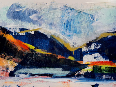 alpenlandschaft in grundfarben, viel blau, berge, wenig gelb und rot
