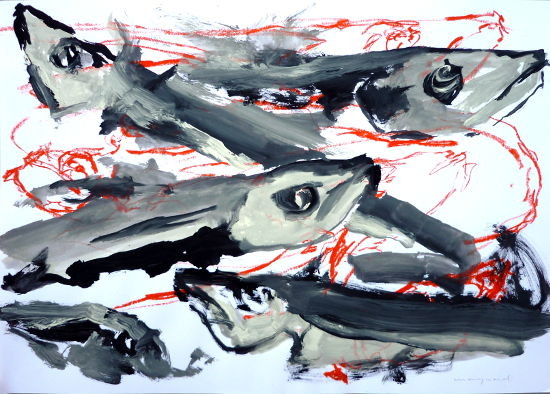 pescalitos 6, Gouache/Papier/Kreiden, der suppenfisch im plastikmeer