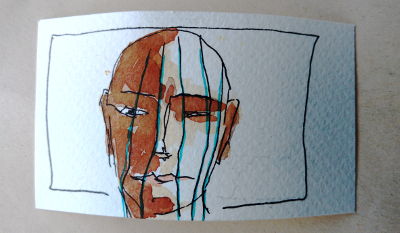 der wert der dunklen stunde, aquarell und zeichnung, gesicht mit längsstreifen