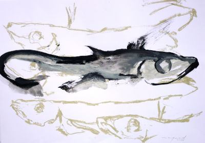 Zeichnungen in Mischtechnik, fischezeichnung, mittlerer fisch in schwarz weisser farbe emalt