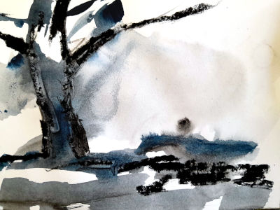 Landschaftsskizzen mit aquarellfarben und Kreiden