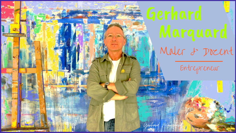Gerhard marquard im atelier. selbstportrait. An der Malwand angelehnt zwischen Palette und Staffelei. farbiger lebendiger Hintergrund, entrepreneur,artpreneur