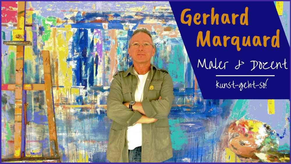 Gerhard marquard im atelier. selbstportrait. An der Malwand angelehnt zwischen Palette und Staffelei. farbiger lebendiger Hintergrund, entrepreneur,artpreneur