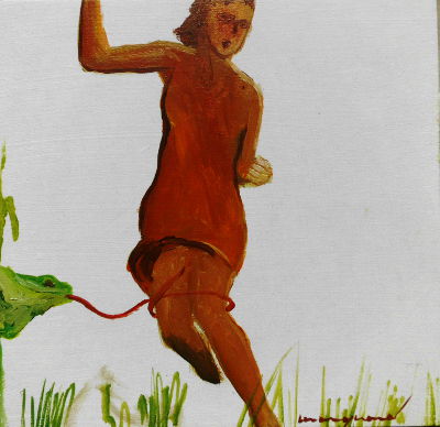 Ölbild, Kleinformat, Tagesbild, Junge Frau läuft durch das Gras.
