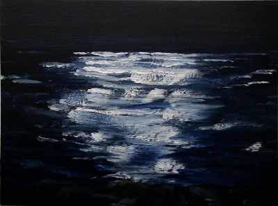 Ölbild in schwarzblau und weiß. abstrakt, schimmern der sonne auf dem wasser bei sonnenuntergang
