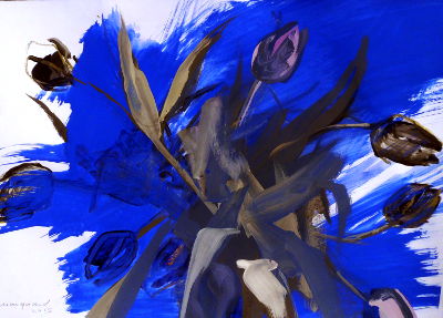 Tulpen, Acryl/Papier. braune tulpen, blauer hintergrund