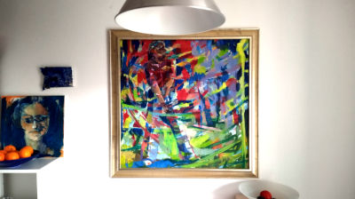acrylbild, golfspieler in Grundfarben gemalt. abstrakter Malstil