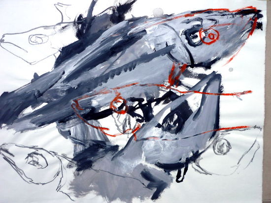 pescalitos 8, Gouache/Papier/Kreiden, der suppenfisch im plastikmeer