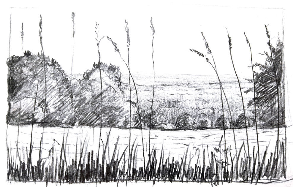 bleistiftzeichnung einer landschaft, bad heilbrunn, gräser, wiese und bäume