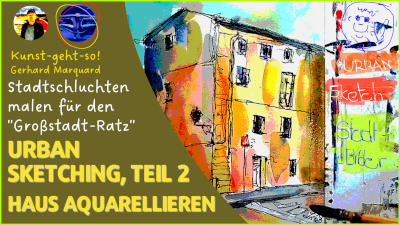 thumbnail, video, youtube, haus mit fineliner gezeichnet, mit aquarell ausgemalt