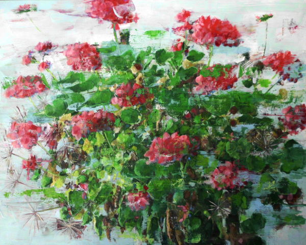 Geranie, 80 x 100 cm, Öl/Leinwand, rot und grün