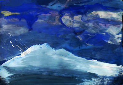 Wolken über den Alpen, Acryl/Papier, weißer berg, dunkelblauer himmel
