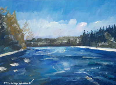 lechlandschaft, ölbild, blauer lech, ufer im herbst, himmel