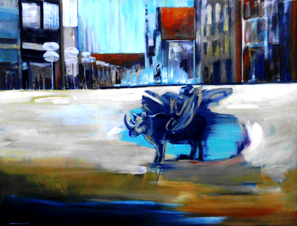 das gemälde Rhinocéros, nashorn, in der verwandlung, in der stadt